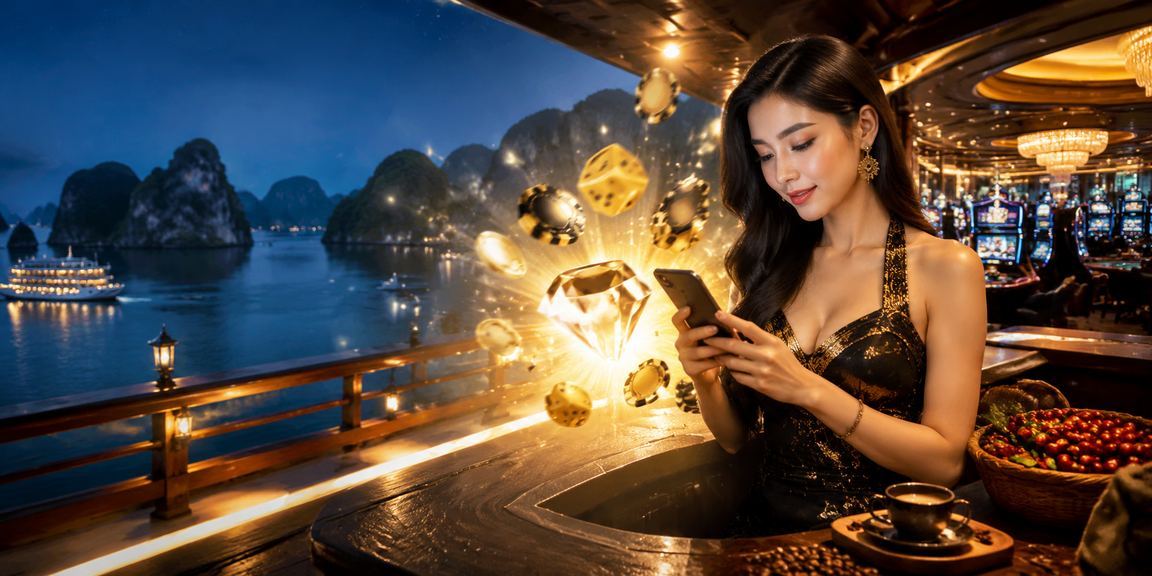 Người dùng trải nghiệm casino trên mobile bên cạnh vịnh Hạ Long buổi sáng